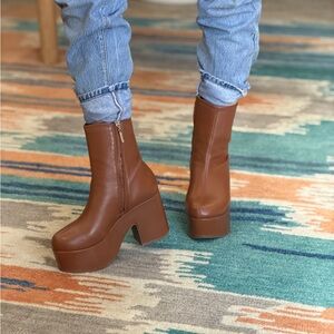 Larroude Miso Platform Boot In Caramel Stretch Leather